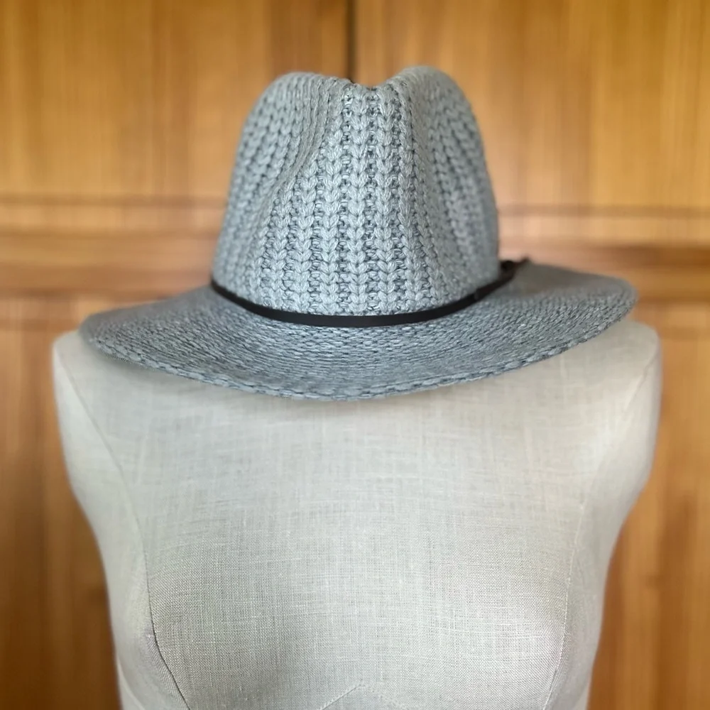 C.C Women's Gray Fall Winter Knit Leather Band Wide Brim Panama Fedora Boho Hat